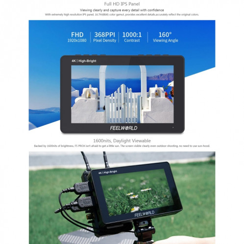 FEELWORLD F5 ProX 5,5 pouces 1600nit écran tactile haute luminosité DSLR caméra moniteur de terrain 4K HDMI F970 Kit d'installation et d'alimentation (noir) SF701A1370-016