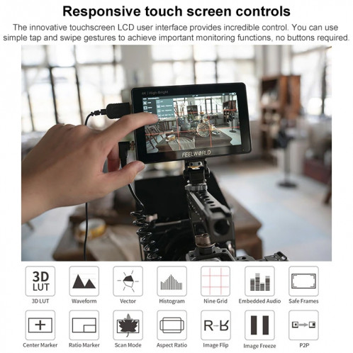 FEELWORLD F6 PLUSX 5,5 pouces haute luminosité 1600nit écran tactile DSLR caméra moniteur de champ IPS FHD1920x1080 4K HDMI (noir) SF801A910-016