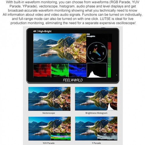 FEELWORLD LUT5E 5,5 pouces écran tactile haute luminosité 1600nit moniteur de champ pour caméra DSLR F970 alimentation externe et kit d'installation 4K HDMI 1920X1080 panneau IPS (noir) SF001A638-017