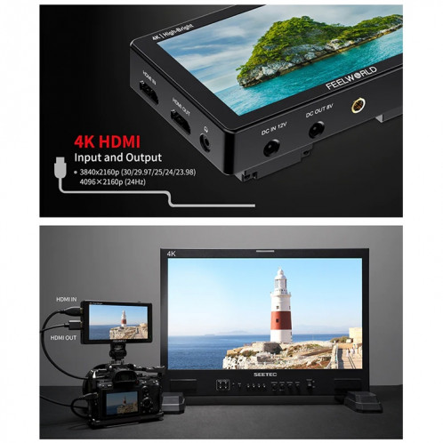 FEELWORLD LUT5E 5,5 pouces écran tactile haute luminosité 1600nit moniteur de champ pour caméra DSLR F970 alimentation externe et kit d'installation 4K HDMI 1920X1080 panneau IPS (noir) SF001A638-017