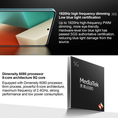 Xiaomi Redmi Note 13 5G, 6 Go + 128 Go, 6,67 pouces MIUI 14 Mediatek Dimensity 6080 Octa Core jusqu'à 2,4 GHz, réseau : 5G (blanc) SX301B1575-010