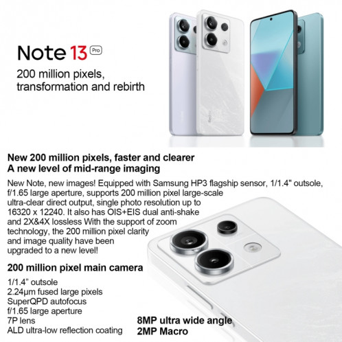 Xiaomi Redmi Note 13 Pro 5G, 12 Go + 512 Go, 6,67 pouces MIUI 14 Snapdragon 7s Gen 2 Octa Core 4 nm jusqu'à 2,4 GHz, NFC, réseau : 5G (blanc) SX404C1745-08