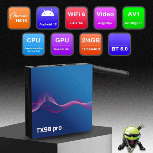 Boîtier Smart TV T98 Pro 4K Ultra HD Android 12.0 avec télécommande, 4 Go + 64 Go, Allwinner H618 Quad-Core () SH203A840-011