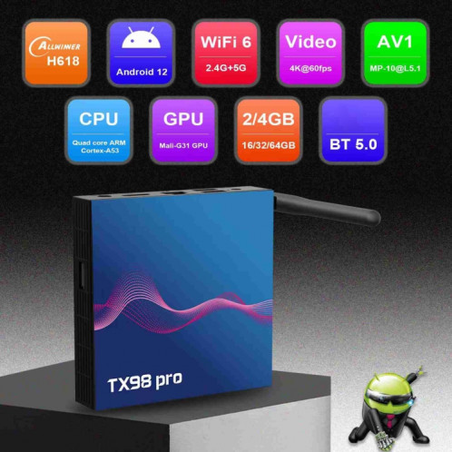 Boîtier Smart TV T98 Pro 4K Ultra HD Android 12.0 avec télécommande, 4 Go + 64 Go, Allwinner H618 Quad-Core (prise UE) SH203A840-011