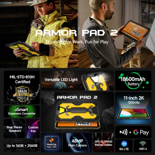  Tablette PC robuste Ulefone Armor Pad 2, 16 Go + 256 Go 11 pouces Android 13 MediaTek Helio G99 Octa Core 4G réseau (noir) SU902A1635-015