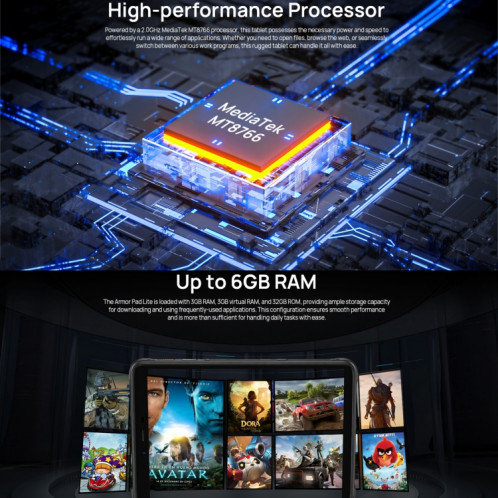  Tablette PC robuste Ulefone Armor Pad Lite, 3 Go + 32 Go, 8,0 pouces Android 13 MediaTek MT8766 Quad Core (noir) SU501A1394-011