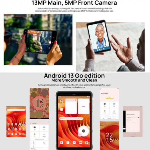  Tablette PC robuste Ulefone Armor Pad Lite, 3 Go + 32 Go, 8,0 pouces Android 13 MediaTek MT8766 Quad Core (noir) SU501A1394-011