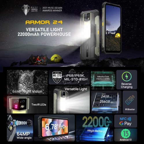  Ulefone Armor 24, 12 Go + 256 Go, téléphone robuste, empreinte digitale latérale, 22 000 mAh, 6,78 pouces Android 13 MediaTek Helio G96 Octa Core, réseau : 4G, NFC (noir) SU301A503-015