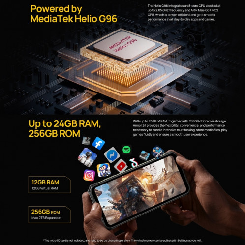  Ulefone Armor 24, 12 Go + 256 Go, téléphone robuste, empreinte digitale latérale, 22 000 mAh, 6,78 pouces Android 13 MediaTek Helio G96 Octa Core, réseau : 4G, NFC (noir) SU301A503-015