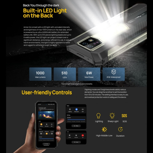  Ulefone Armor 24, 12 Go + 256 Go, téléphone robuste, empreinte digitale latérale, 22 000 mAh, 6,78 pouces Android 13 MediaTek Helio G96 Octa Core, réseau : 4G, NFC (noir) SU301A503-015