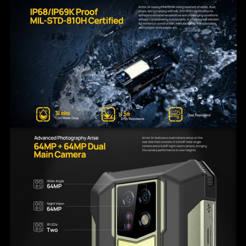  Ulefone Armor 24, 12 Go + 256 Go, téléphone robuste, empreinte digitale latérale, 22 000 mAh, 6,78 pouces Android 13 MediaTek Helio G96 Octa Core, réseau : 4G, NFC (noir) SU301A503-015