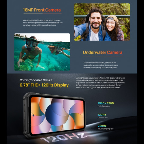  Ulefone Armor 24, 12 Go + 256 Go, téléphone robuste, empreinte digitale latérale, 22 000 mAh, 6,78 pouces Android 13 MediaTek Helio G96 Octa Core, réseau : 4G, NFC (noir) SU301A503-015