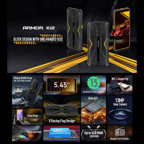 Ulefone Armor X12, 3 Go + 32 Go, téléphone robuste, déverrouillage facial, 5,45 pouces Android 13 Go MediaTek Helio A22 Quad Core, réseau : 4G, NFC (certains orange) SU201C872-014