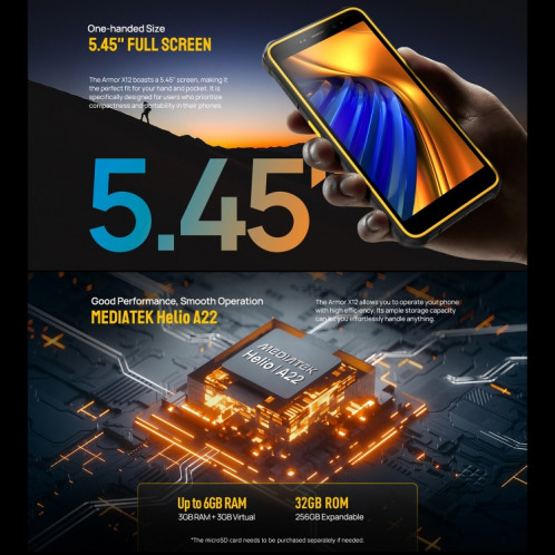  Ulefone Armor X12, 3 Go + 32 Go, téléphone robuste, déverrouillage facial, 5,45 pouces Android 13 Go MediaTek Helio A22 Quad Core, réseau : 4G, NFC (certains orange) SU201C872-014