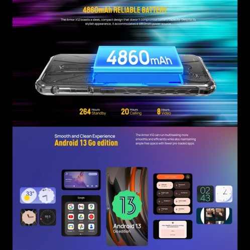  Ulefone Armor X12, 3 Go + 32 Go, téléphone robuste, déverrouillage facial, 5,45 pouces Android 13 Go MediaTek Helio A22 Quad Core, réseau : 4G, NFC (certains orange) SU201C872-014