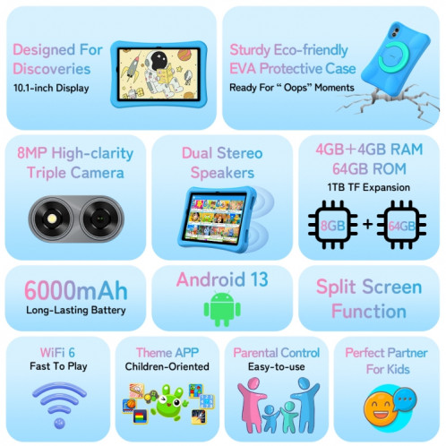  UMIDIGI G1 Tab Tablette PC pour enfants 10,1 pouces, 4 Go + 64 Go, Android 13 RK3562 Quad-Core, version mondiale avec Google, prise UE (bleu mer) SU901A83-014