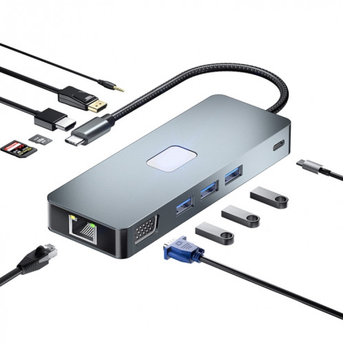 BYL-2309 Type-C vers HDMI 4K 60Hz + DP HD + VGA + RJ47 + USB3.2 + Audio 3.5mm + PD100W + SD + HUB de Station d'accueil TF SH75901379-010