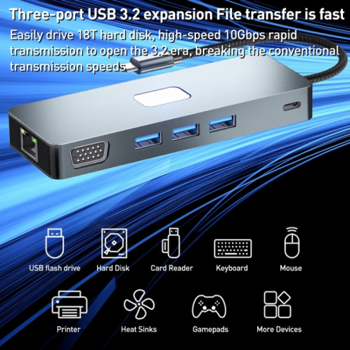 BYL-2309 Type-C vers HDMI 4K 60Hz + DP HD + VGA + RJ47 + USB3.2 + Audio 3.5mm + PD100W + SD + HUB de Station d'accueil TF SH75901379-010