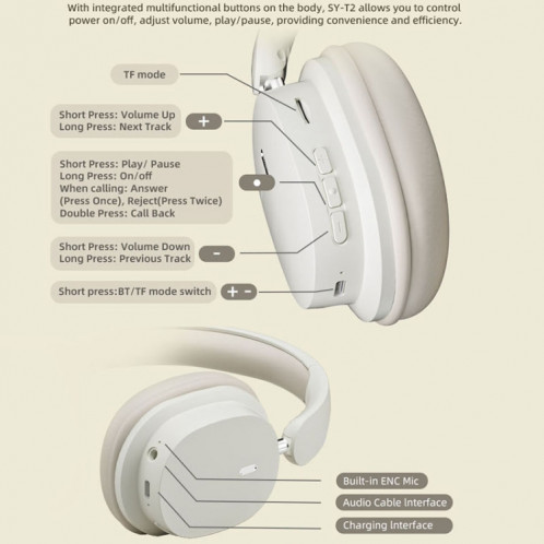 Casque de jeu sans fil pliable haute définition stéréo ENC à réduction de bruit T2 avec micro (kaki) SH501B1312-011