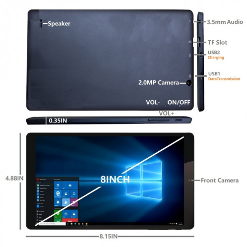 Tablette PC HSD8001 de 8 pouces, 4 Go + 128 Go, Windows 10, Intel Atom Z8350 Quad Core, prise en charge Bluetooth et WiFi (noir) SH301A88-011