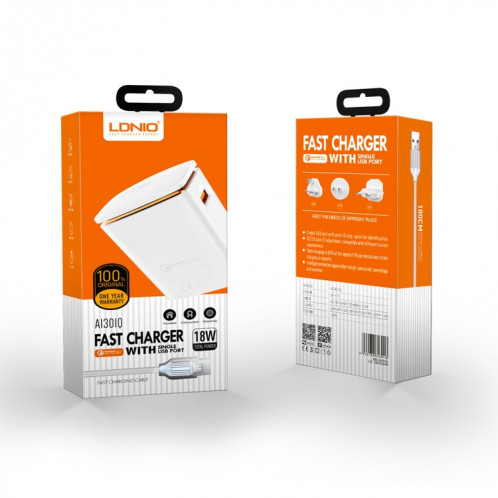 LDNIO A1301Q 2 en 1 18W QC3.0 Interface USB chargeur de voyage chargeur de téléphone portable avec câble de données 8 broches, prise ue SL15021139-05