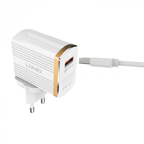 LDNIO A1302Q 2 en 1 18W QC3.0 Interface USB grille forme chargeur de voyage chargeur de téléphone portable avec câble de données Micro USB, prise ue SL19021573-08