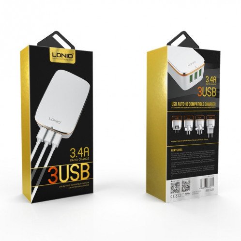 LDNIO A3304 17W 3 Interfaces USB Chargeur de voyage Chargeur de téléphone portable, SL28021525-07