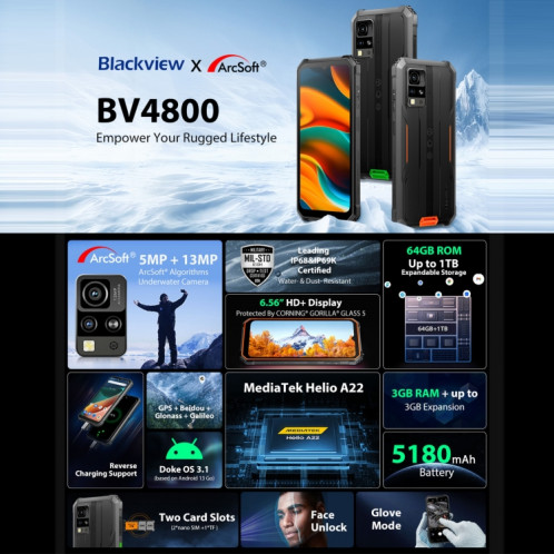  Blackview BV4800, 4 Go + 64 Go, IP68/IP69K/MIL-STD-810H, 6,56 pouces Android 13 MediaTek MT6761V/WB Helio A22 Quad Core, réseau : 4G, OTG (noir) SB301A1377-010