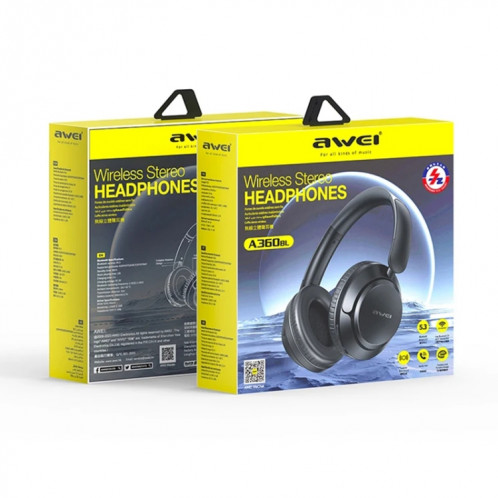 Casque de jeu Bluetooth sans fil pliable AWEI A360BL (noir) SA501A732-06