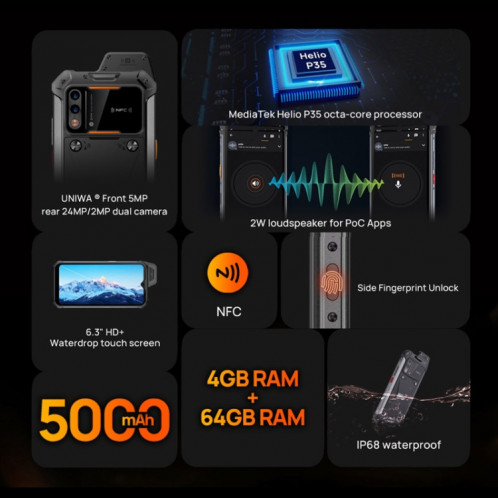 Téléphone robuste UNIWA W888 HD+, 4 Go + 64 Go, 6,3 pouces Android 11 Mediatek MT6765 Helio P35 Octa Core jusqu'à 2,3 GHz, NFC, OTG, réseau : 4G (noir orange) SU901B1018-013