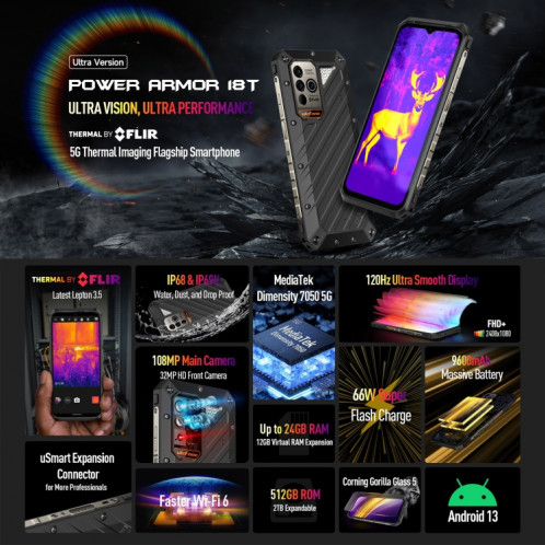  Téléphone robuste à imagerie thermique Ulefone Power Armor 18T Ultra version 5G, 12 Go + 512 Go, empreinte digitale latérale, 6,58 pouces Android 13 MediaTek Dimensity 7050 Octa Core jusqu'à 2,6 GHz, SU201A932-015