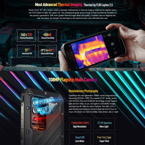  Téléphone robuste à imagerie thermique Ulefone Power Armor 18T Ultra version 5G, 12 Go + 512 Go, empreinte digitale latérale, 6,58 pouces Android 13 MediaTek Dimensity 7050 Octa Core jusqu'à 2,6 GHz, SU201A932-015