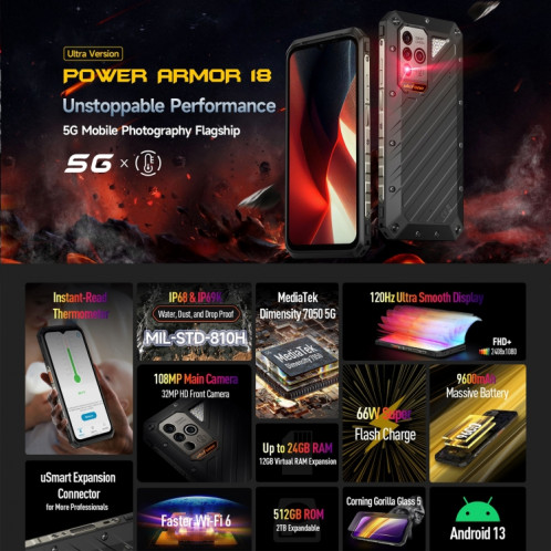  Téléphone robuste avec thermomètre Ulefone Power Armor 18 Ultra version 5G, 12 Go + 512 Go, empreinte digitale latérale, 6,58 pouces Android 13 MediaTek Dimensity 7050 Octa Core jusqu'à 2,6 GHz, SU601A1064-015