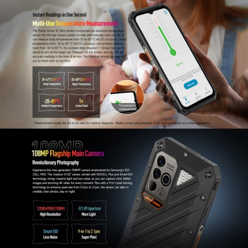  Téléphone robuste avec thermomètre Ulefone Power Armor 18 Ultra version 5G, 12 Go + 512 Go, empreinte digitale latérale, 6,58 pouces Android 13 MediaTek Dimensity 7050 Octa Core jusqu'à 2,6 GHz, SU601A1064-015