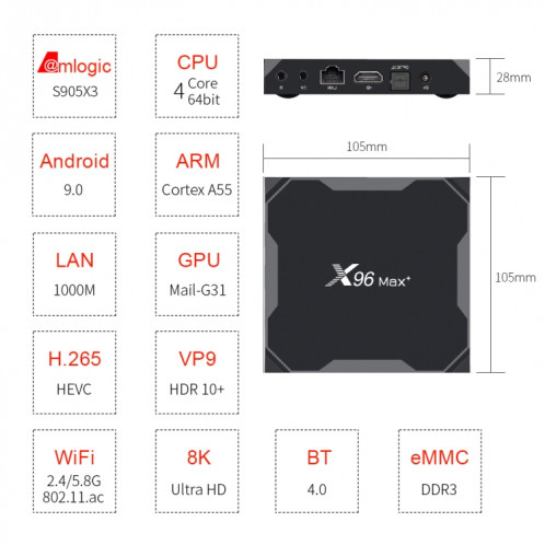 X96 MAX + 4K Smart TV Boîte à télécommande, Android 9.0, AMLOGIC S905X3 Quad-Core Cortex-A55,2 Go + 16 Go, LAN de support, AV, 2,4 g / 5g WiFi, USBX2, carte TF, Fiche UE SH0701205-011