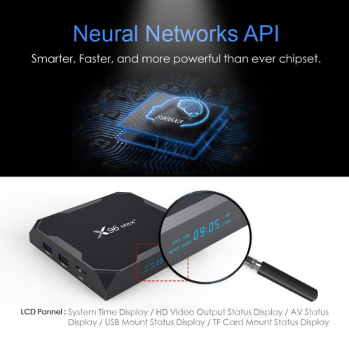 X96 Max + 4K Smart TV Box, Android 9.0, AMLOGIC S905X3 Quad-Core Cortex-A55,4 Go + 64 Go, Support LAN, AV, 2,4 g / 5g WiFi, USBX2, Carte TF, Plug UA SH09041880-011