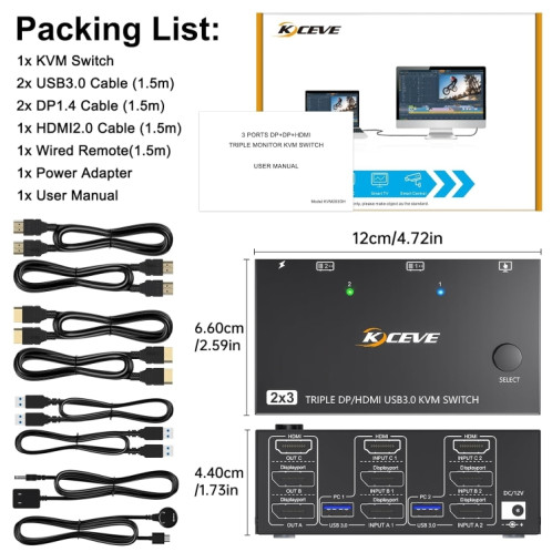KC-KVM203DH 8K 30Hz USB3.0 DP+DP+HDMI Commutateur KVM à trois moniteurs SH9209548-08