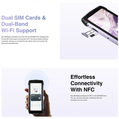  DOOGEE Smini, 8 Go + 256 Go, empreinte digitale latérale, 4,5 pouces Android 13 Helio G99 Octa Core 2,2 GHz, réseau : 4G, OTG, NFC, prise en charge Google Pay (violet) SD701C1723-017