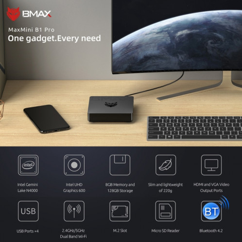 Mini PC BMAX B1 Pro Windows 10, 8 Go + 128 Go, Intel Celeron N4000, prise en charge HDMI / VGA / RJ45 () SB501B1491-09
