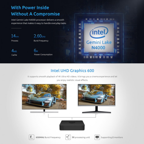 Mini PC BMAX B1 Pro Windows 10, 8 Go + 128 Go, Intel Celeron N4000, prise en charge HDMI / VGA / RJ45 () SB501B1491-09