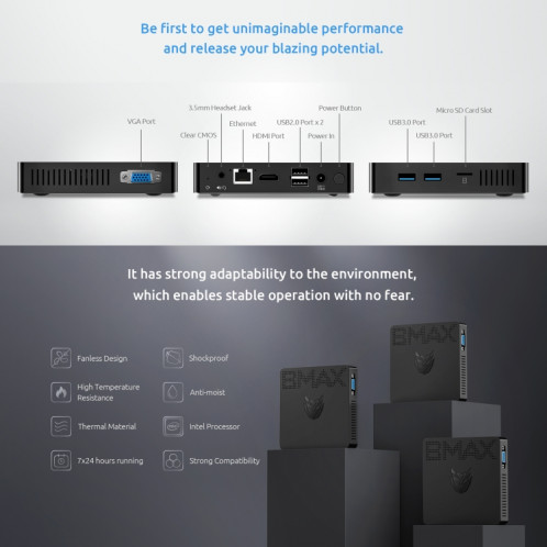 Mini PC BMAX B1 Pro Windows 10, 8 Go + 128 Go, Intel Celeron N4000, prise en charge HDMI / VGA / RJ45 () SB501B1491-09