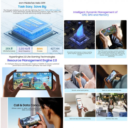  Blackview SHARK 8, 8 Go + 256 Go, identification par empreinte digitale, 6,78 pouces Android 13 MTK6789 Helio G99 Octa Core jusqu'à 2,2 GHz, réseau : 4G, OTG (Galaxy Blue) SB302B193-023