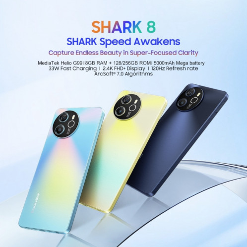  Blackview SHARK 8, 8 Go + 256 Go, identification par empreinte digitale, 6,78 pouces Android 13 MTK6789 Helio G99 Octa Core jusqu'à 2,2 GHz, réseau : 4G, OTG (gris clair de lune) SB302C1294-023
