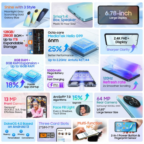  Blackview SHARK 8, 8 Go + 256 Go, identification par empreinte digitale, 6,78 pouces Android 13 MTK6789 Helio G99 Octa Core jusqu'à 2,2 GHz, réseau : 4G, OTG (Scorching Gold) SB302A268-023