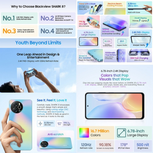 Blackview SHARK 8, 8 Go + 256 Go, identification par empreinte digitale, 6,78 pouces Android 13 MTK6789 Helio G99 Octa Core jusqu'à 2,2 GHz, réseau : 4G, OTG (Scorching Gold) SB302A268-023