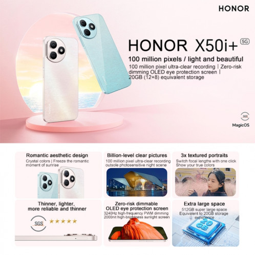 Honor X50i+, 12 Go + 256 Go, 6,7 pouces MagicOS 7,2 Dimensity 6080 Octa Core jusqu'à 2,4 GHz, réseau : 5G, OTG, ne prend pas en charge Google Play (rose) SH901B1521-010