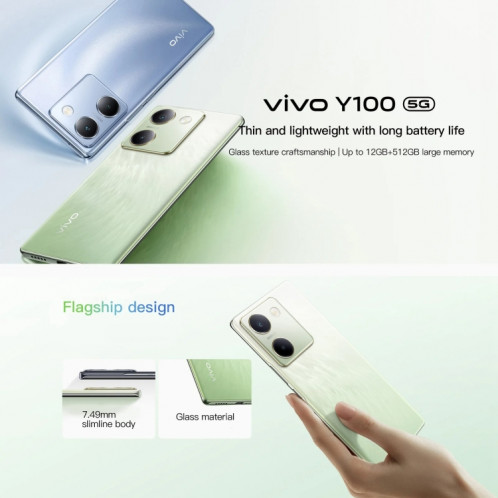 vivo Y100, 12 Go + 512 Go, identification faciale / identification par empreinte digitale d'écran, 6,78 pouces Android 13.0 OriginOS 3 Snapdragon 695 Octa Core, OTG, réseau : 5G (bleu) SV603A1586-011