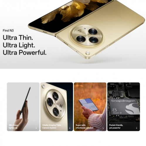 OPPO Find N3, 12 Go + 512 Go, empreinte digitale latérale, 7,82 pouces + 6,31 pouces ColorOS 13.2 Snapdragon 8 Gen 2 Octa Core jusqu'à 3,187 GHz, NFC, OTG, réseau : 5G (noir) SO901B558-022