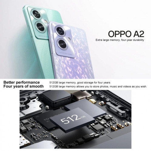 OPPO A2, 12 Go + 256 Go, empreinte digitale latérale, 6,72 pouces ColorOS 13,1 Dimensity 6020 Octa Core jusqu'à 2,2 GHz, OTG, réseau : 5G (vert brillant) SO001C1367-013