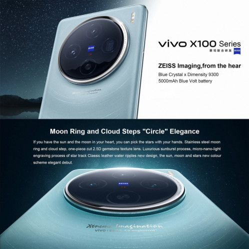 vivo X100, 16 Go + 1 To, identification faciale/identification par empreinte digitale, 6,78 pouces Android 14 OriginOS 4 Dimensity 9300 Octa Core 3,25 GHz, OTG, NFC, réseau : 5G (bleu) SV304D938-013